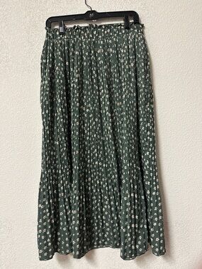 Emerald Green Floral Midi Pleated Skirt